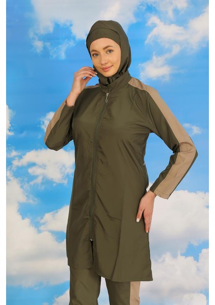 Kadın Pantolonlu Kolu Şeritli Tam Tesettür Mayo Haki 31065 fiyatları