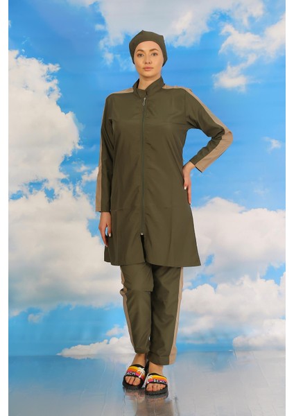 Kadın Pantolonlu Kolu Şeritli Tam Tesettür Mayo Haki 31065 fırsatları