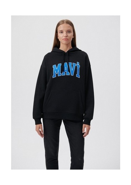 Kadın Mavi Logo Baskılı Kapüşonlu Siyah Sweatshirt 1600361-900 modelleri