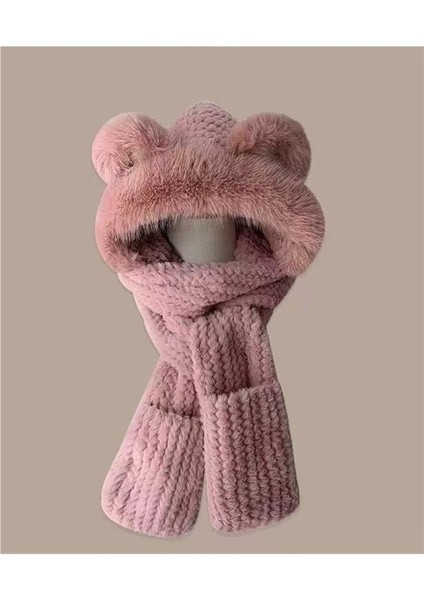 Işlemeli Ayı Şapkası ve Atkı Entegre Peluş Eşarp Kazak Şapka (Yurt Dışından)
