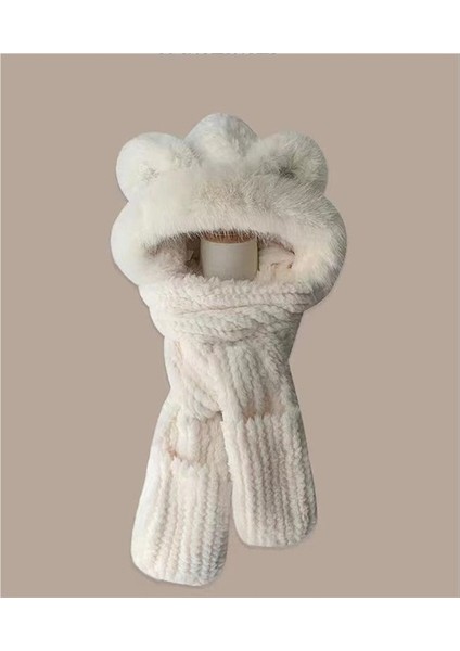 Işlemeli Ayı Şapkası ve Atkı Entegre Peluş Eşarp Kazak Şapka (Yurt Dışından)