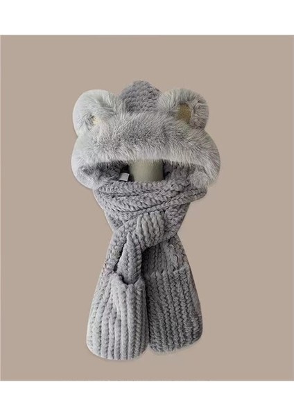 Işlemeli Ayı Şapkası ve Atkı Entegre Peluş Eşarp Kazak Şapka (Yurt Dışından)