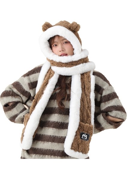 Ayı Kulaklı Şapka ve Atkı Hepsi Bir Arada Peluş Boyun Atkısı Seti (Yurt Dışından)