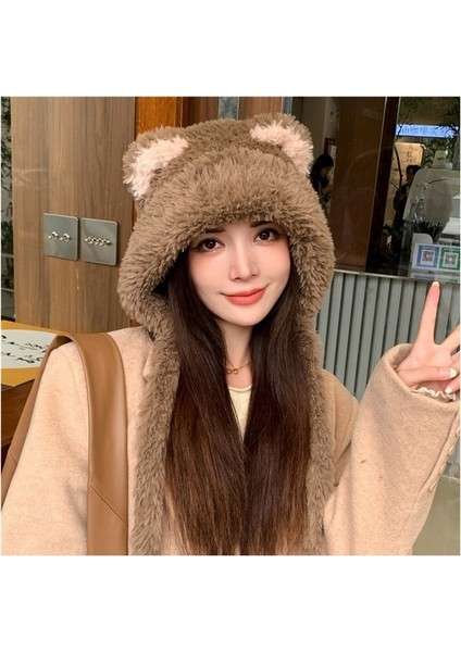 Peluş Ayı Şapka Atkı Entegre Boyun Eşarbı Kulak Koruyucu Kapüşonlu (Yurt Dışından)