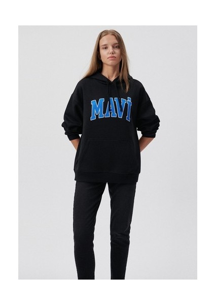 Kadın Mavi Logo Baskılı Kapüşonlu Siyah Sweatshirt 1600361-900 fiyatları