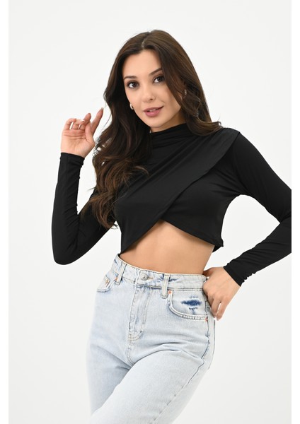 Kadın Dik Yaka Drapeli Kapaklı Crop Bluz 1655-24