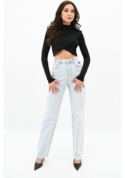 Kadın Dik Yaka Drapeli Kapaklı Crop Bluz 1655-24