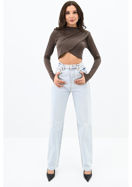 Kadın Dik Yaka Drapeli Kapaklı Crop Bluz 1655-24