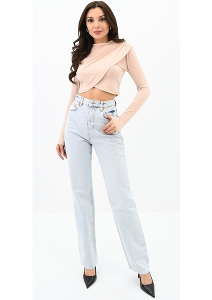 Kadın Dik Yaka Drapeli Kapaklı Crop Bluz 1655-24 fiyatları