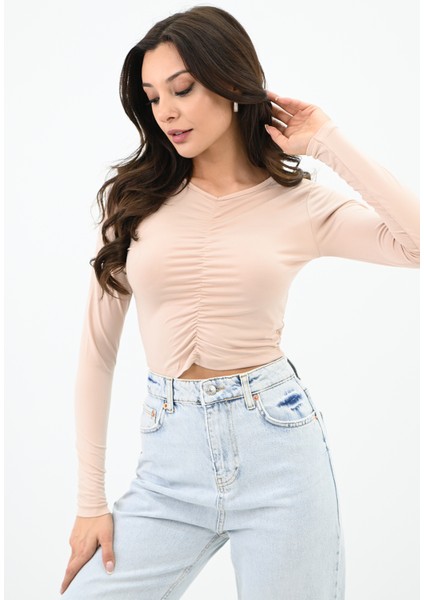 Kadın Büzgülü Uzun Kollu Croptop Bluz 1654-24