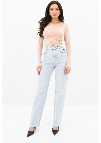 Kadın Büzgülü Uzun Kollu Croptop Bluz 1654-24