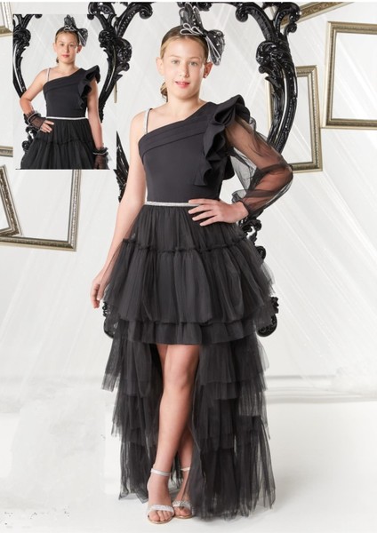 Kol Detaylı Kuruklu Kız Çocuk Abiye ELBISE_MNVS0686