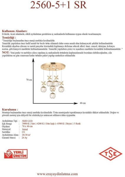 2560-5+1 6 Li Sarı LED Avize(Beyaz Işık -Sarı Işık - Gün Işığı)