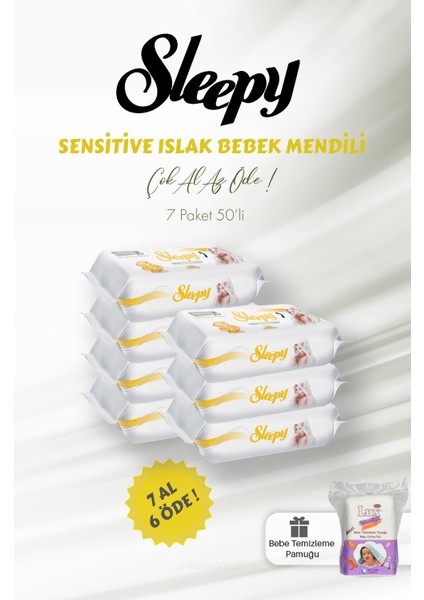 Sensitive Islak Mendil 7 Al 6 Öde 50 Yaprak ve Bebek Temizleme Pamuğu