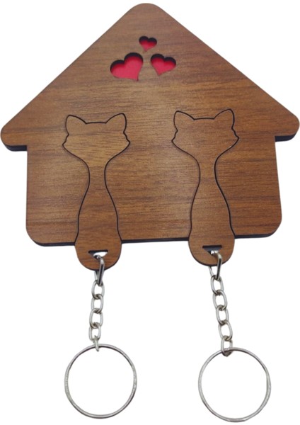 Çiftlere Özel Ahşap Kedili Puzzle Duvar Anahtarlık Ceviz