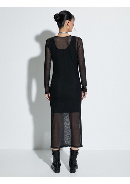 Transparan Elbise Slim Fit Uzun Kolu
