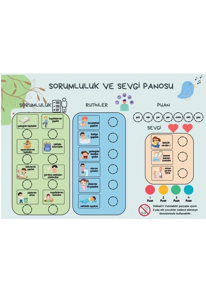 4-9 Yaş Mıknatıslı Manyetik Günlük Sorumluluk Panosu 30X42 cm + Mıknatıslı Stickerlar