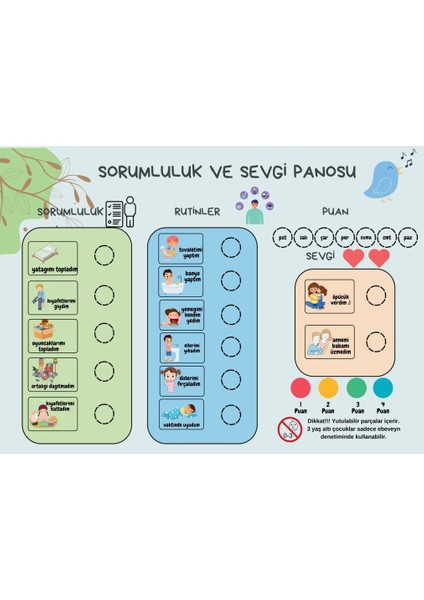 2-4 Yaş Mıknatıslı Manyetik Günlük Sorumluluk Panosu 30X42 cm + Mıknatıslı Stickerlar-  Okul Öncesi