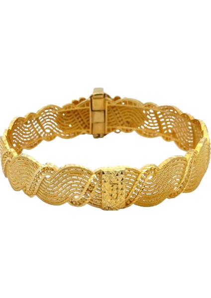 Ortası Tuğra Detaylı S Kıvrımlı Model Gösterişli Yeşil Altın Kelepçe Bileklik fırsatları