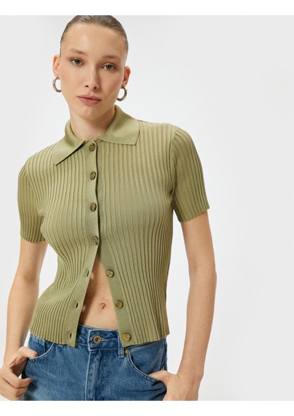 Polo Yaka Kazak Triko Fitilli Düğmeli Kısa Kollu Viskon fiyatları