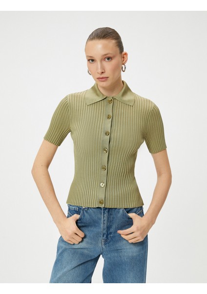 Polo Yaka Kazak Triko Fitilli Düğmeli Kısa Kollu Viskon modelleri