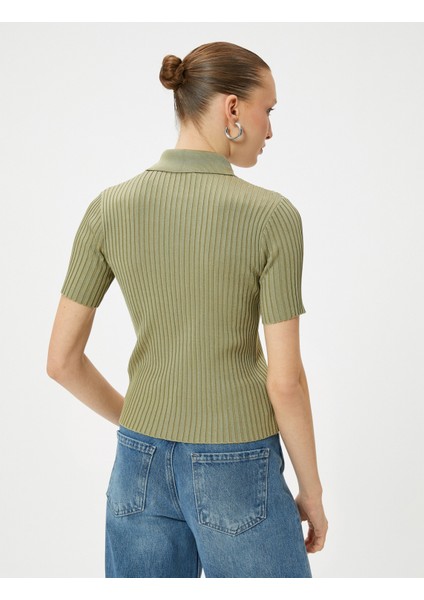 Polo Yaka Kazak Triko Fitilli Düğmeli Kısa Kollu Viskon fırsatları