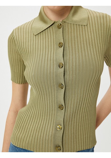 Polo Yaka Kazak Triko Fitilli Düğmeli Kısa Kollu Viskon indirimleri