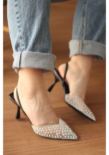 Pearl Siyah Saten Kadın Topuklu Ayakkabı