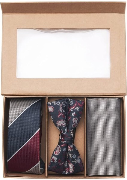 Kravat Papyon Mendil Set, Erkeklere Özel 3’lü Set, Papyon Kravat Set Giftbox