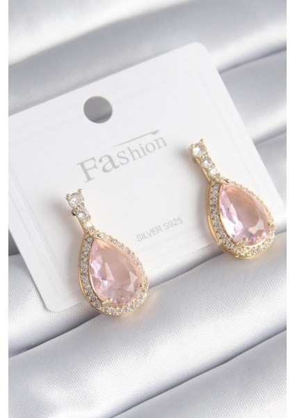 E-Bijuteri Pirinç Gold Renk Zirkon Taş Detay Damla Pembe Zirkon Taş Model Kadın Küpe