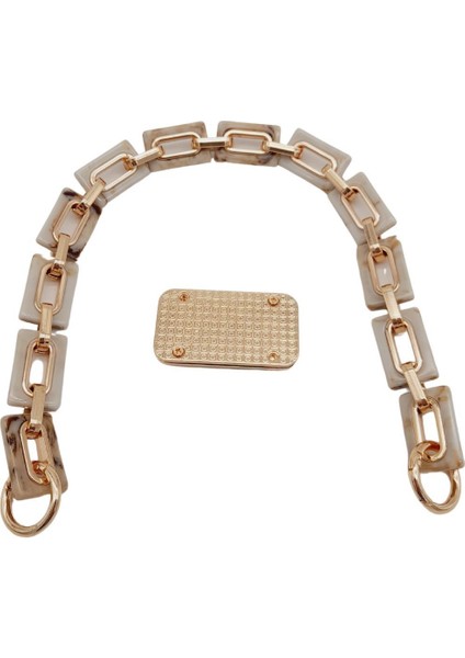 44 cm Dikdörtgen Halkalı Akrilik Zincir Plaka Set Bej Renk Light Gold Metalli fiyatları