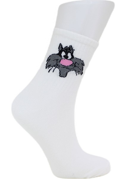 Look Socks Tom ve Jerry Karakter Desenli Beyaz Kolej Çorap