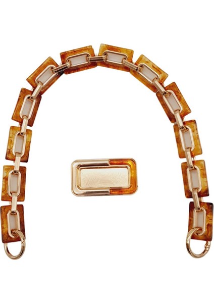 44 cm Dikdörtgen Halkalı Akrilik Zincir Plaka Set Kehribar Renk Light Gold Metalli