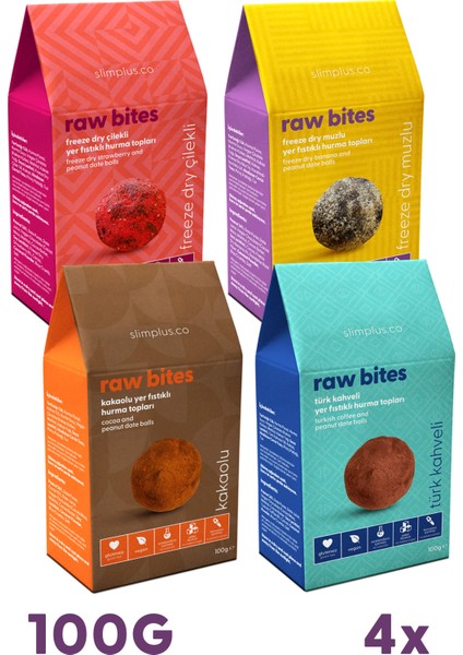 4'lü Glutensiz Vegan Yerfıstıklı Hurma Topları Raw Bites Mix Paket 100GR