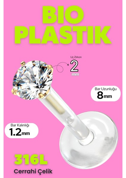 Cerrahi Çelik Altın Tek Taşlı Labret Bioplastik Dudak, Kulak Helix, Septum, Labret, Smiley, Tragus