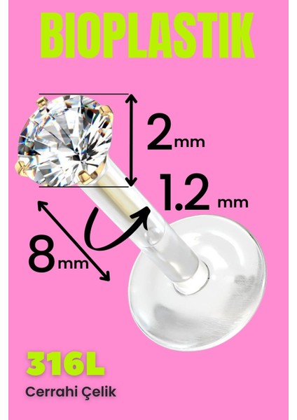 Cerrahi Çelik Altın Tek Taşlı Labret Bioplastik Dudak, Kulak Helix, Septum, Labret, Smiley, Tragus