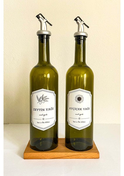Ahşap Stantlı Amber Cam Zeytinyağı - Ayçiçekyağı Şişesi Düz Yağdanlık