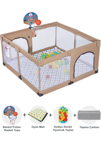 Playard Basket Potalı Güvenli Bebek ve Çocuk Oyun Alanı Oyun Parkı 125X125 Oyun Matı ve Topları