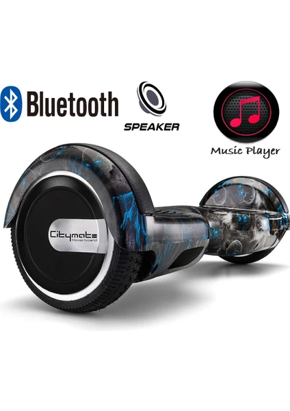 Elektrikli Kaykay Hoverboard Bluetooth Hoparlörlü 6.5 Inch Akıllı Dengeli - Siyah Kurukafa Grafiti Desenli