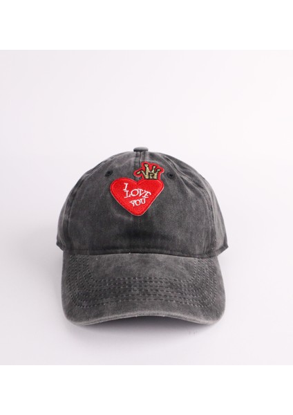 Love Kalp Nakışlı Pamuklu Yıkamalı Siyah Şapka