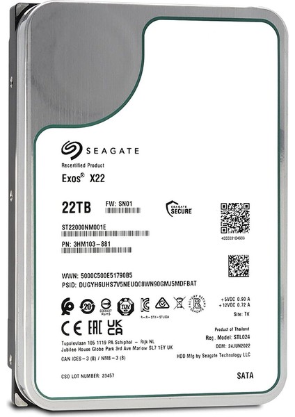 Exos ST22000NM001E 3.5'' 22TB 512MB 7200RPM Nas HDD Sabit Disk