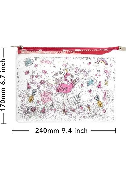 Sulu Fermuarlı Desenli Şeffaf Dosya (A5) - Flamingo