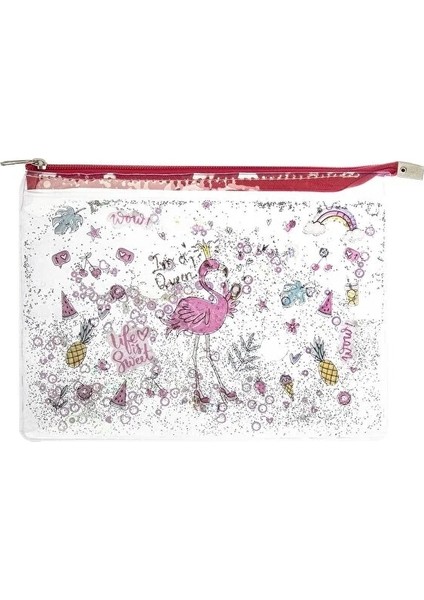 Sulu Fermuarlı Desenli Şeffaf Dosya (A5) - Flamingo modelleri