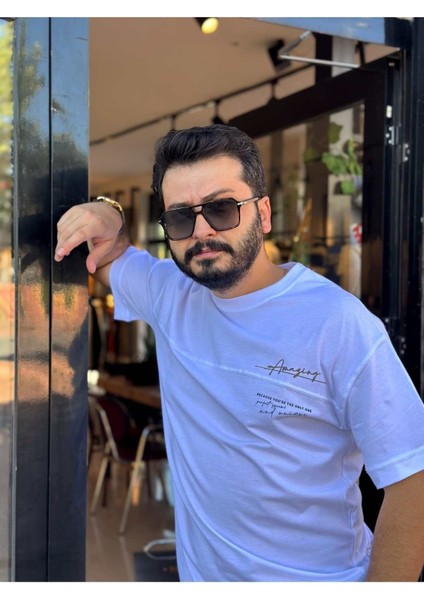 T-Shirt Amazing Parçalı Baskılı Bisiklet Yaka Oversize T-Shirt Twılls modelleri
