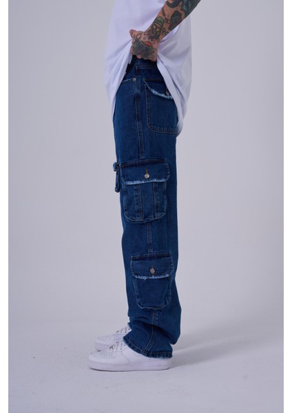 Erkek Cep Detaylı Baggy Jean Pantolon Blue
