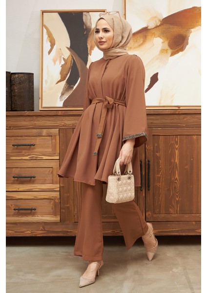Ispanyol Paça Pantolon Tunik Takım - Camel