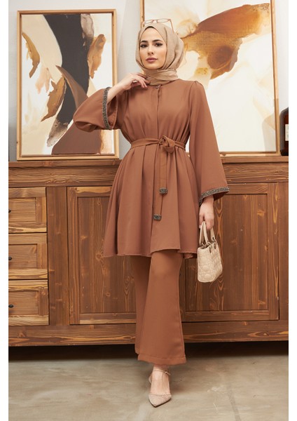 Ispanyol Paça Pantolon Tunik Takım - Camel