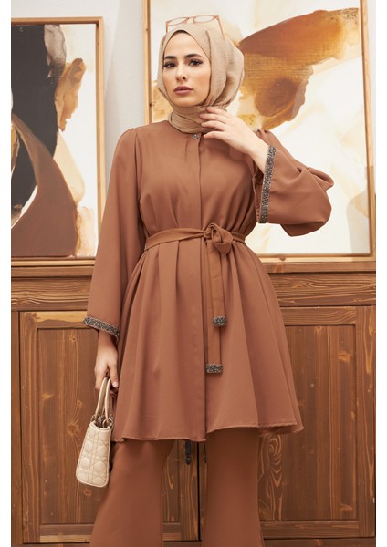 Ispanyol Paça Pantolon Tunik Takım - Camel