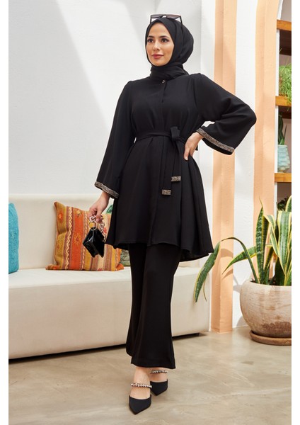 Ispanyol Paça Pantolon Tunik Takım - Siyah