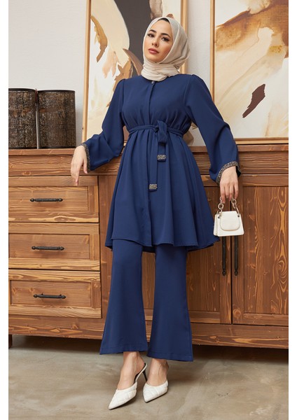 Ispanyol Paça Pantolon Tunik Takım - Indigo